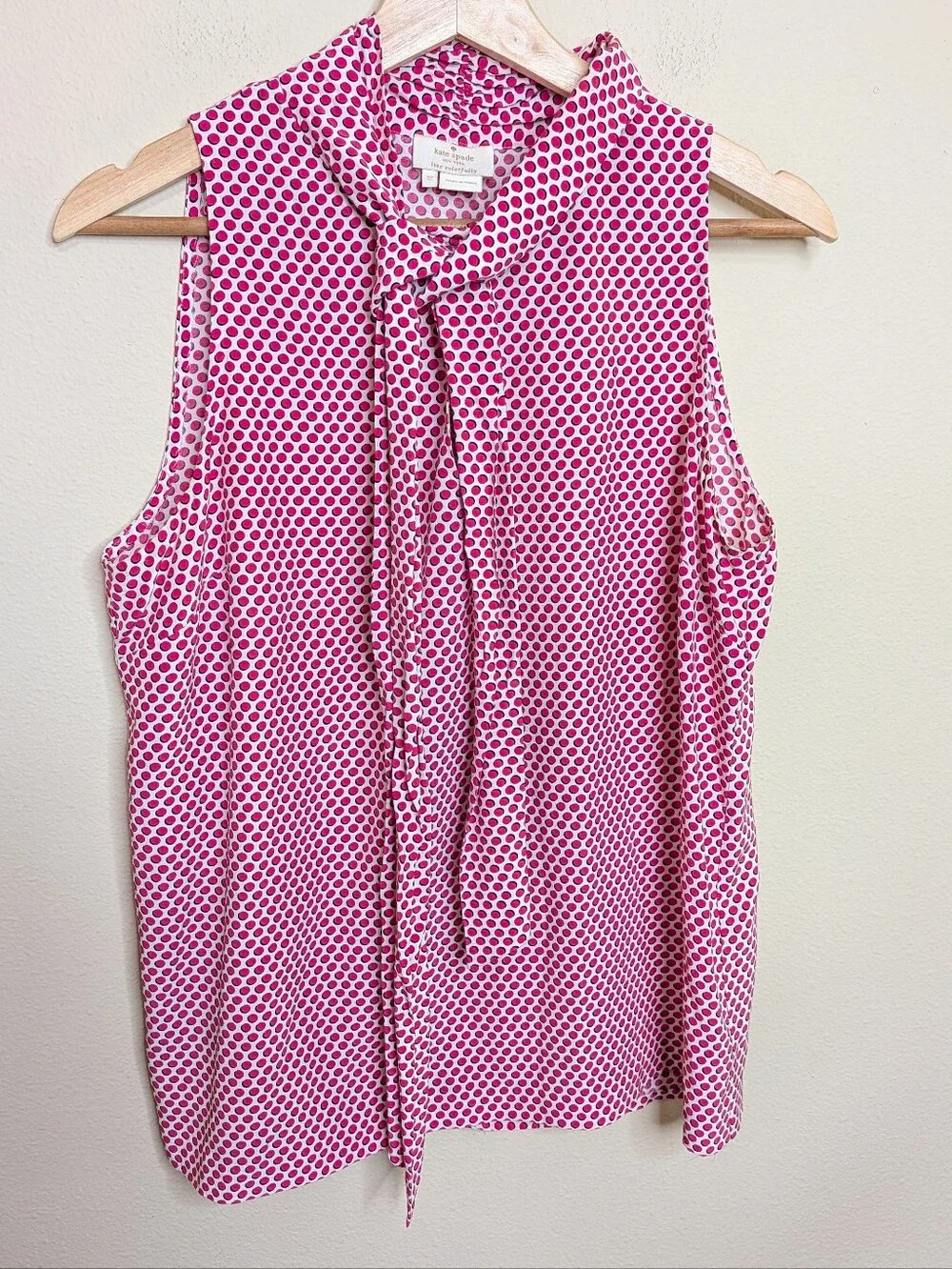 Kate Spade New York Silk Polka Dot Sleeveless Blouse Tie Neck Pink White Size 12